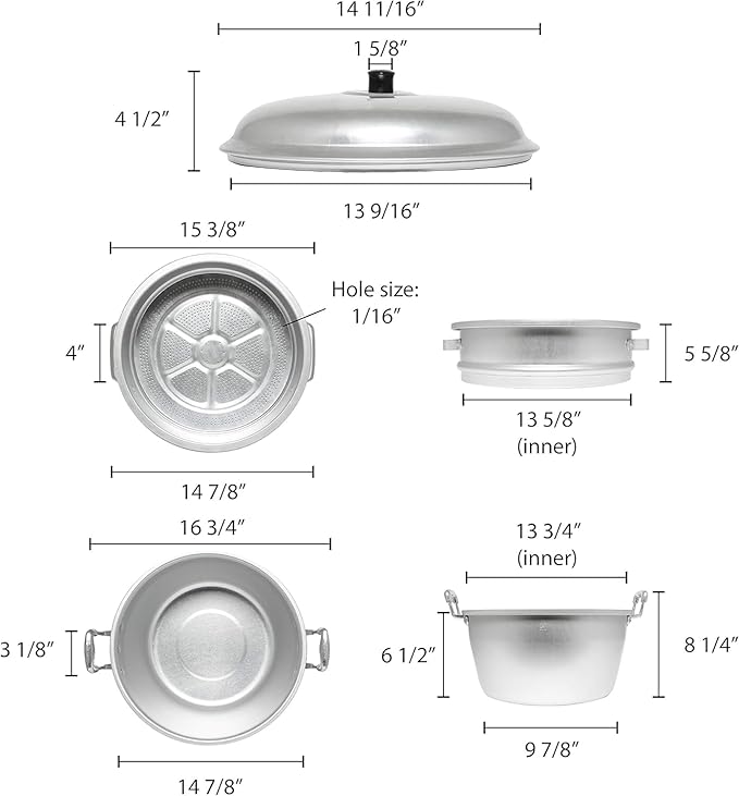 TrueCraftware- 15" x 20-1/4" Aluminum 3 Tier Steamer Set 1/8” hole size- Steamer for Cooking Pot Food Steam Pots with Lid for Cooking Vegetables Seafood Soups Stews and Pasta