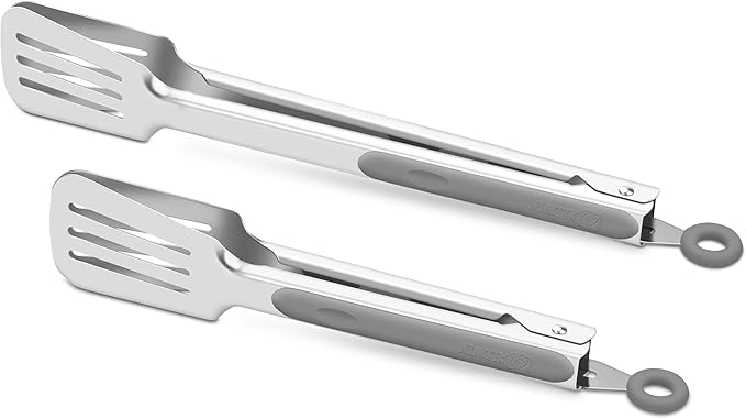 Premium 304 Stainless Steel Barbecue Turners, Heavy Duty Non-Stick BBQ Cooking Kitchen Tongs, 9" and 12" Grey