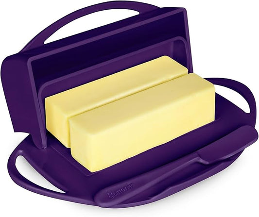Butterie Flip-Top Butter Dish with Lid & Matching Knife, Holds 2 Sticks/European Butter, No-Mess Butter Holder, Shatterproof, Dishwasher Safe, Purple