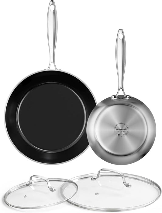 Innerwell Stainless Steel Frying Pan Set with Lid 8.6inch and 12inch Titanium Ceramic Nonstick Frying Pan Kitchen Cookware Set Skillet with Stay-Cool Handle Non Toxic PFOA Free Suitable for All Stove