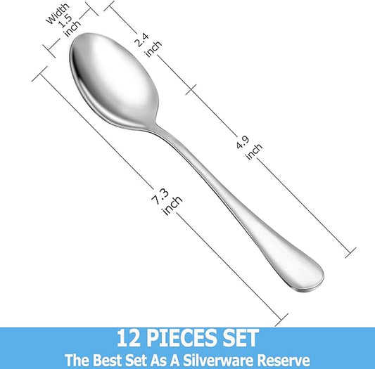 12 Pcs Dinner Spoon Set,Premium Food Grade Stainless Steel Spoons,Durable Metal Spoon,Tablespoon,Spoons Silverware Only,Mirror Finish & Dishwasher Safe,Use for Home,Kitchen and Restaurant - 7.3 inch