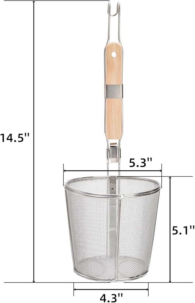 2 Pack Pasta Strainer Basket, Stainless Steel Mesh Spider Strainer with Wooden Handle for Boiling, Kitchen Fine Food Skimmer Deep Fry Basket for Pasta, Noodle, Dumpling, 5.3''D x 5.1''H