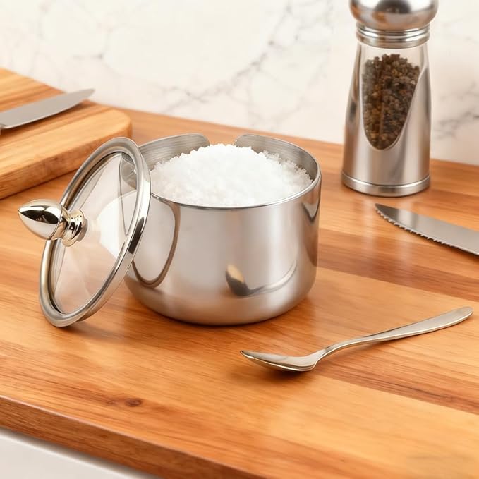 10oz Sugar Bowl with Lid and Spoon, Durable Sugar Pot for Coffee Bar Accessories, Stainless Steel Holder Jar for Salt, Tea, Candy, Home and Kitchen Storage(Silver)