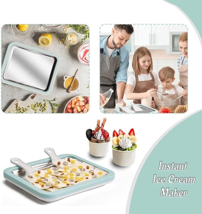 At-Home Rolled Ice Cream Maker Kit, DIY Rolled Ice Cream Tray, Two-minutes Quick Freeze, Mini Instant Freeze Plate with 2 Scrapers, Food-Grade Stainless Steel, for Kids & Adults (White,9 * 7in)