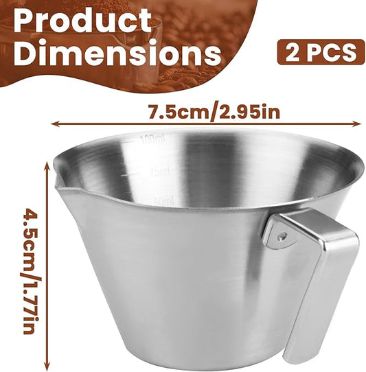 2 Pieces 3.4 Oz/100 ml Espresso Measuring Cups, Stainless Steel Espresso Shot Cups with Handle & Scale, V-Shaped Spout Coffee Pour Pitcher for Barista Cooking Baking Home Office Shop