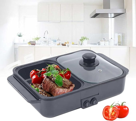 Electric Grill Hot Pot 2 in 1,Mini Electric Hot Pot BBQ Grill Kitchen Smokeless Shabu Cooking Pan 1200W,Multifunctional Grill Pan Indoor for Korean BBQ, Steaks, Shabu Shabu and Noodles (Black)