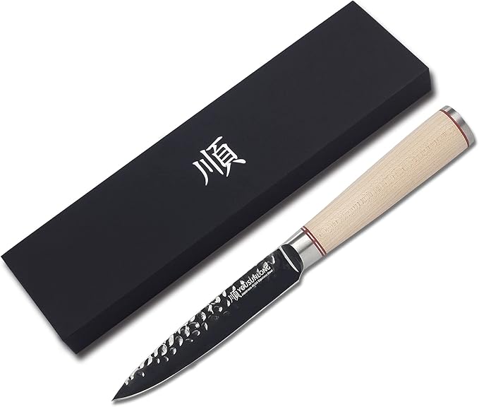 YOUSUNLONG Kitchen Utility Knife 5 Inch - Paring Fruit Knife Sharp Blade - AUS8 Black Titanium Nitride Coating HRC Steel - Natural Canadian Maple Wood Handle