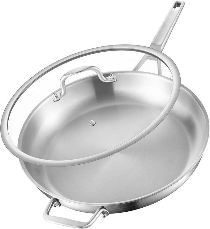 Yeksum Stainless Steel Pan,14 inch Frying Pan, Heavy Duty, Large Frying Pan, Fast & Even Heating, Up to 650°, Oven & Dishwasher Safe,Compatible with All Cooktops
