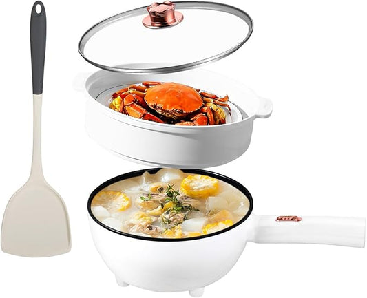 Hot Pot Electric with Steamer, 3L Non-Stick Sauté Pan, Rapid Noodles Cooker with Spatula, Mini Pot for Steak, Egg, Ramen, Electric Cooker with Dual Power Control, Over-Heating Boil Dry Protection