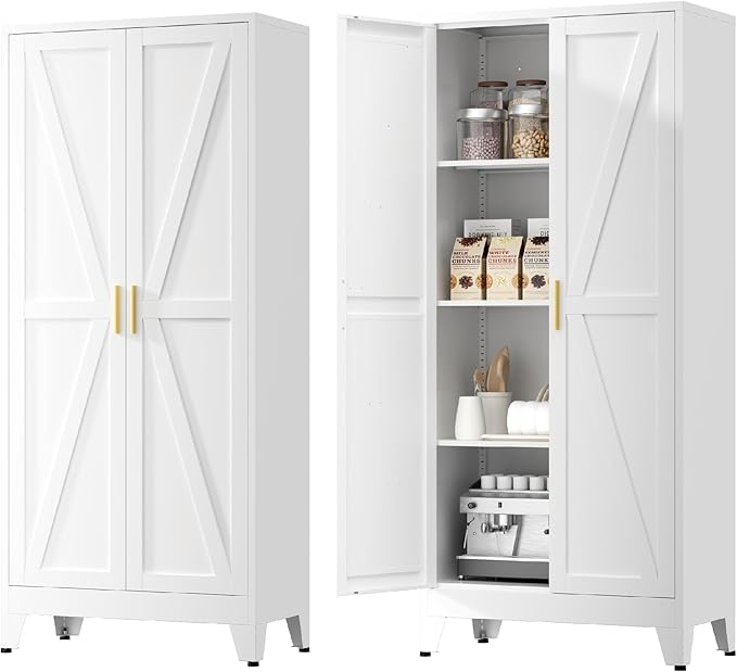 Kitchen Pantry Cabinet with Barn Doors,61" H x 27.5" W,Metal Farmhouse Storage Cabinet with Adjustable Shelves,4-Tier Storage Cabinet for Kitchen Dining Room Garage Office,White