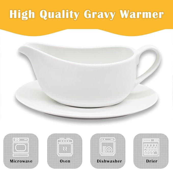 14 oz Gravy Boat with Tray, Ceramic Sauce Boat with Ergonomic Handle and Dripless Lip Spout for Salad Dressings, Creamer, Broth, Black Pepper, White