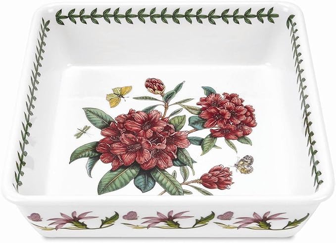 Portmeirion Botanic Garden 10" Square Baking Dish, Rhododendron Motif - Durable Porcelain Baking Dish with Chip-Resistant Glaze, Dishwasher, Microwave, Freezer, Oven Safe - Stylish Serveware