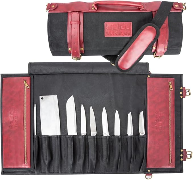 Seido Knives Professional Knife Roll Bag - Heavy Duty Canvas & Leather, Holds 18 Knives and Culinary Tools Including 12 Large Knives, with 4 Slots for Utensils and 2 Large Meat Cleavers