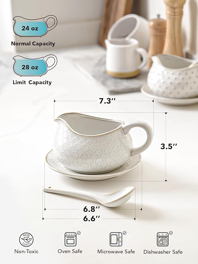 LE TAUCI Gravy Boat with Ladle and Saucer Stand 24oz, Ceramic Sauce Boat with Tray for Salad Dressings, Creamer, Broth, Black Pepper, Set of 2, Arctic White, Firework+Clover