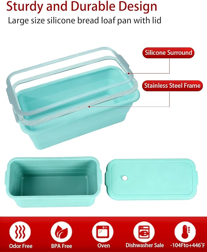 CHICHAUS Large size foldable silicone bread loaf pan with lid,11x4.7 Inch easy to store non stick Bread Baking Pans,Sourdough Bread Pan with Baking Tool Supplies Kit for Homemade Bread, Cake