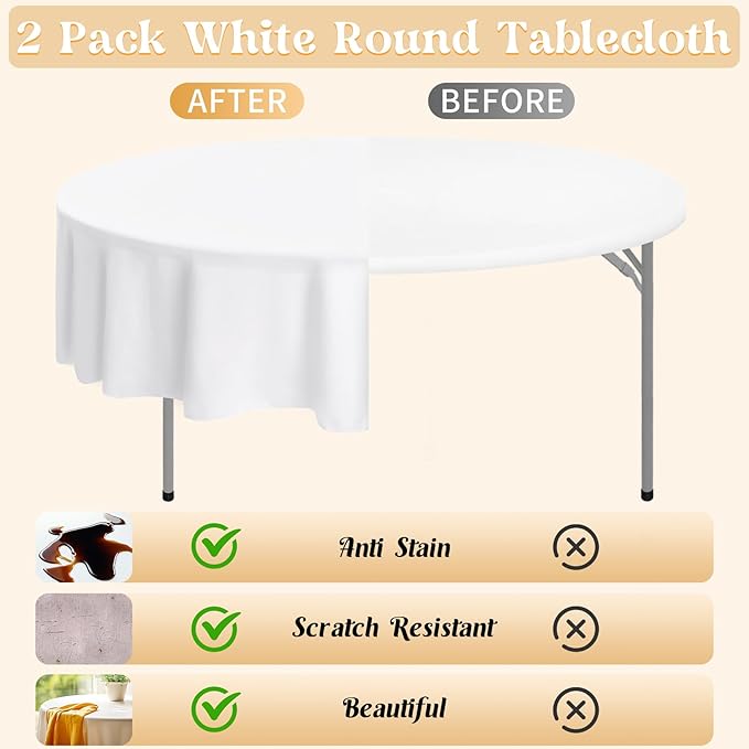 HAISIWLKJ 2 Pack 120 Inch White Round Tablecloth for Round Table Washable Reusable Outdoor Polyester Fabric Decorative Table Cover for Dining, Buffet, Camping, Baby Shower, Party