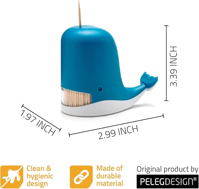 PELEG DESIGN Jonah Toothpick Holder - Cute Whale Toothpick Dispenser - Fun and Decorative Plastic Toothpick Holder for Easy Access During Meals or Gatherings