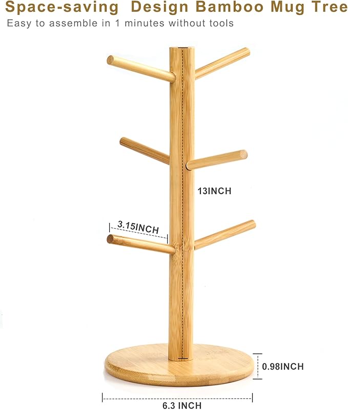 Bamboo Mug Tree for Counter, 6 Hooks Detachable Coffee Mug Holder, Decorative Mug Racks for Coffee Bar