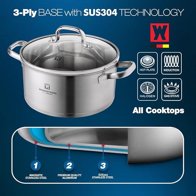 WAGENSTEIGER 7.27-Quart Dutch Oven, Stainless Steel 3-Layer Construction with Aluminum Core, Tempered Glass Lid, Spacious Stock Pot for Boiling, Stewing, Canning – For All Stovetops (9.84" Diameter)