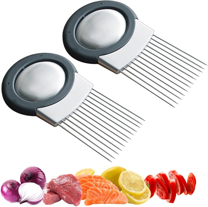 2024 Upgraded Onion Holder for Slicing, Stainless Steel Onion Slice Holder Lemon Slicer Vegetable Cutter, Home Kitchen Tools Onion Holder for Slicing, Meat, Onion, Potato, Tomato (A-2Pcs)