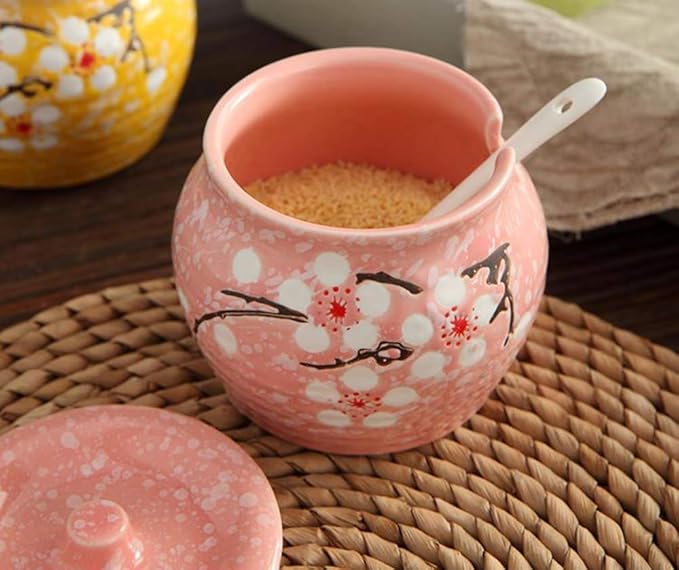 Ceramic Flower Sugar Bowl Seasoning Pot Salt Pepper Storage Jar with Lid And Spoon