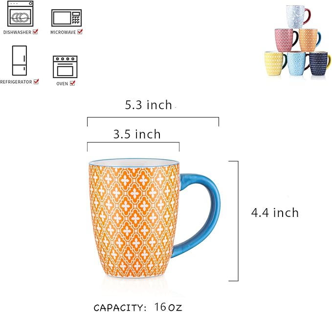 Selamica 16 oz Porcelain Coffee Mugs Set of 6, Coffee Cups Ceramic With Handle, Dishwasher, Oven, Microwave Safe, Assorted Colors | Coffee Cups, With Handle, Dishwasher, Oven, Microwave Safe