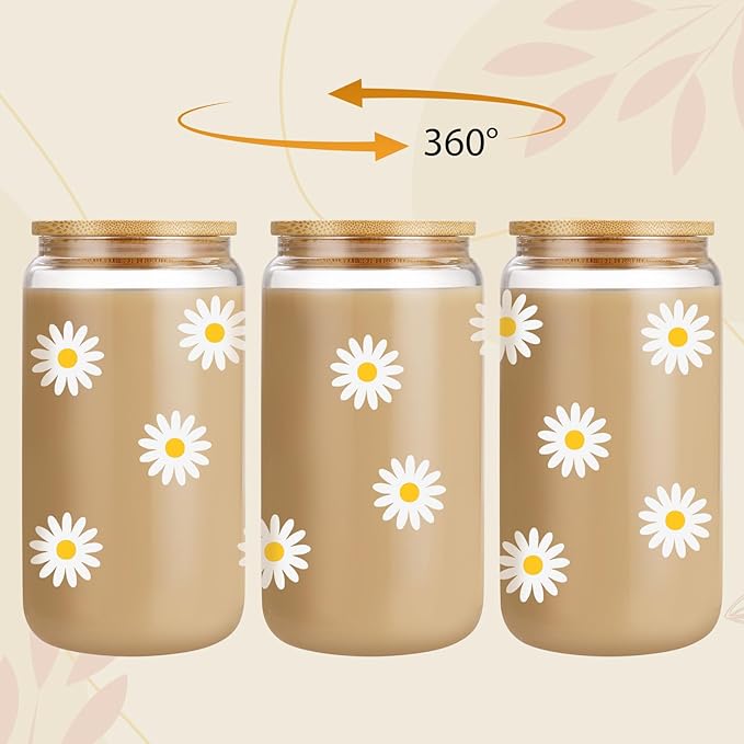 GSPY Daisy Aesthetic Gifts, Iced Coffee Cup, Cute Glass Cups with Lids and Straws - Cute Mugs, Flower Mug, Glass Tumbler - Valentines Day, Birthday Gifts for Women, Coffee Lovers, Friend, Girls, Mom
