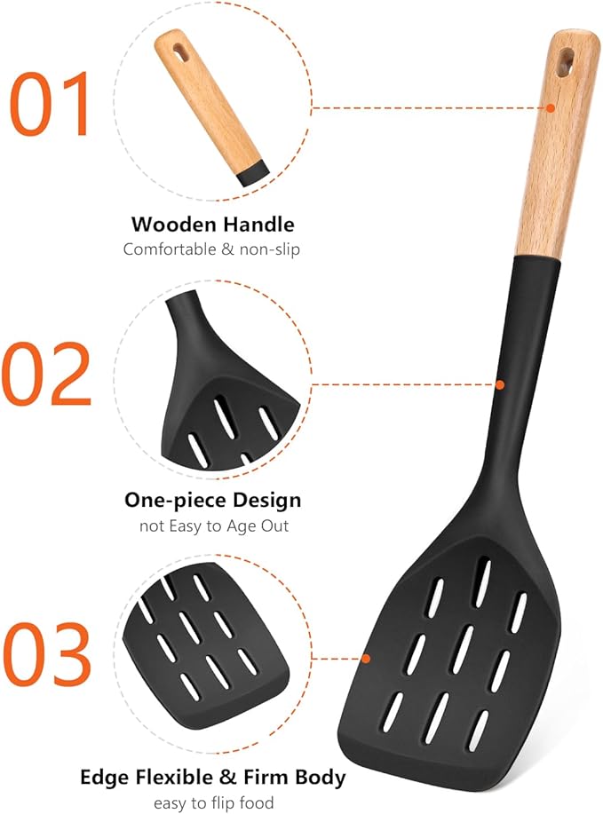 Badiano Pack of 3 Silicone Spatula, Non Stick Cooking Utensil Set, Wooden Handle Kitchen Turner for Baking Mixing Grilling Serving Food Heat Resistant, Black