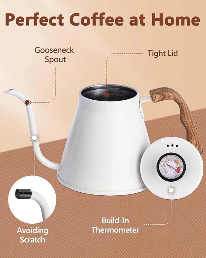 Gooseneck Kettle with Thermometer for Pour Over Coffee and Tea, 37 fl oz, Stainless Steel, Durable 3-Layer Base, Ideal Spout for Precision Pouring, Compatible with all Stove Tops (White)