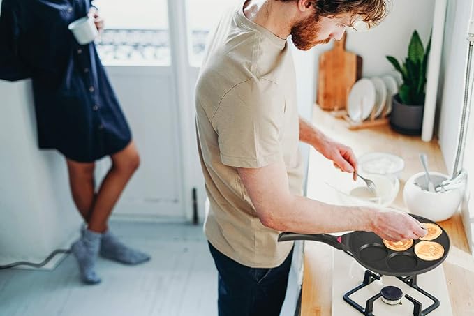 CAINFY Pancake Pan Maker Nonstick Induction Compatible, 10.5 Inch Mini Non Stick Silver Dollar Grill Blini Griddle Crepe Pan,7 Molds Cake Egg Cooker Skillet for Kids Gifts