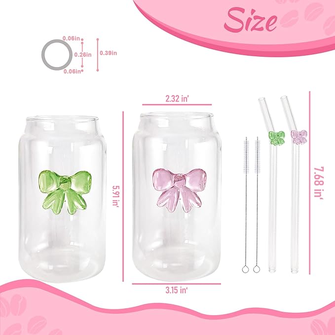 2Pcs Cute Glass Cup Set | Pink Bow Matcha Cups| Aesthetic Iced Coffee Cup with Lid Straw Brush| 16OZ Preppy Girly Drinking Mug for Best Friend First Mom Coworkers Bestie Boss Girlfriend Daughter Gifts