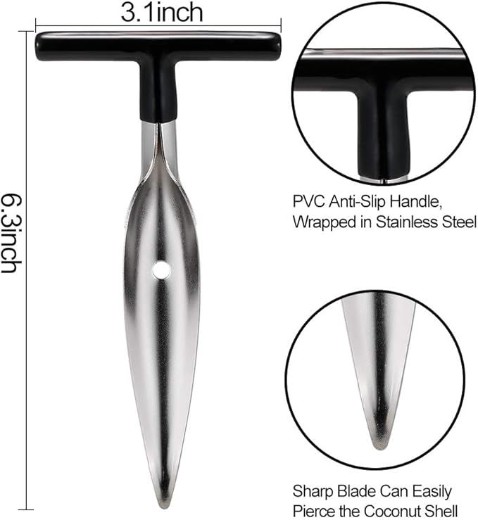 Coconut Opener Tools, Set of Stainless Steel Coconut Puncher with Straws, Brush, Coconut Meat Remover with Wood Handle, For Green & Young Coconut