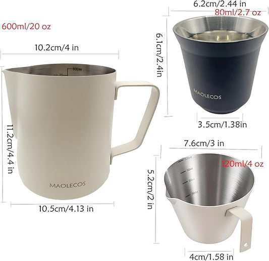 Milk Frothing Pitcher - 20 OZ Metal Milk Frother Pitcher Jug Stainless Steel Steaming Pitcher, Espresso Measuring Cups with Handle Scale, Stainless Steel Espresso Cups Kit for Coffee maker