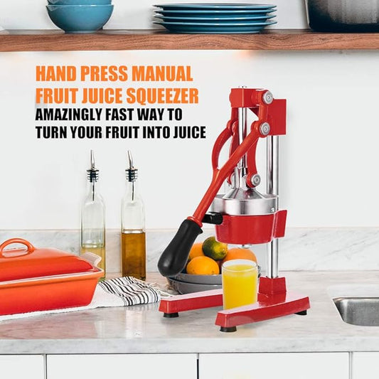 Commercial Heavy Duty Cast Iron Hand Press Manual Orange Citrus Lemon Lime Grapefruit Pomegranate Fruit Juice Squeezer Machine with Stainless Steel Cup Red