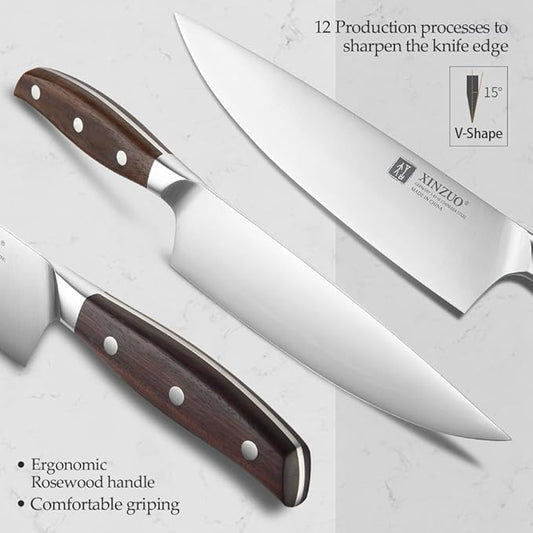 XINZUO German Stainless Steel Knife Set, 5Pcs Professional Chef Knife Sets for Chefs, Ultra Sharp,Chef Santoku Slicing Petty Paring Knife with Red Sandalwood Handle