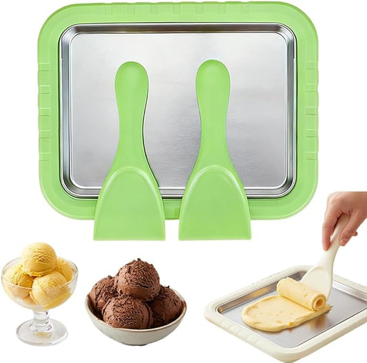 Rolled Ice Cream Maker Kit, 2026 New Stainless Steel Freeze Plate with 2 Scrapers, DIY Stir Fried Ice Cream Tray for Homemade Desserts, Perfect for Family Fun & Parties (Green)