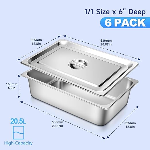 Full Size Hotel Pan With Lids 6 Inch Deep Stainless Steel Chafing Dishes for Buffet, Steam Table Pan, Metal Commercial Food Pans for Food Prep/Catering/Food Serving (6 Pack, Full Size 1/1 x 6" Deep)