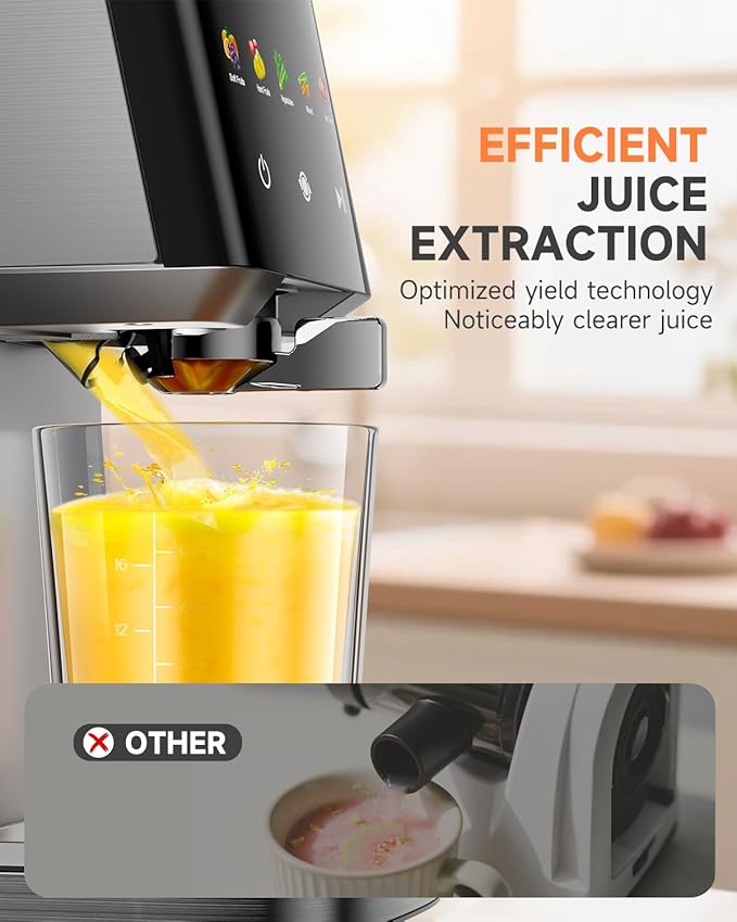 Cold Press Juicer with Large 5.12" Feed Chute- Slow Masticating Technology for Nutrient Retention, Quiet Motor, High Juice Yield, Leakproof Base- Perfect for Fruits Vegetables & Leafy Greens-Grey