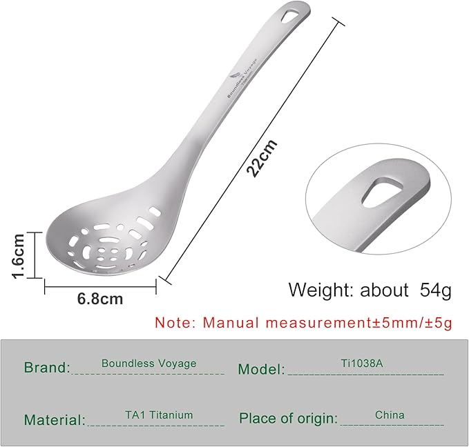 iBasingo Titanium Slotted Spoon Ultralight Kitchen Strainer for Cooking, Noodles, Salad & Hot Pot Fried Food Durable Metal Colander for Outdoor Camping Backpacking Home used, Dishwasher Safe Ti1038A
