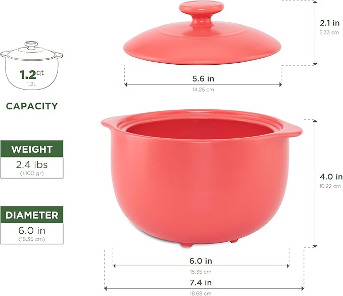MINH LONG 1-Qt Porcelain Dutch Oven with Lid – Lead & Cadmium Free, Oven Safe to 482°F, Heat Retention, Clay Pot for Cooking on Gas & Infrared Cooktop, Use to Marinate, Cook, Bake, Refrigerate & Serve
