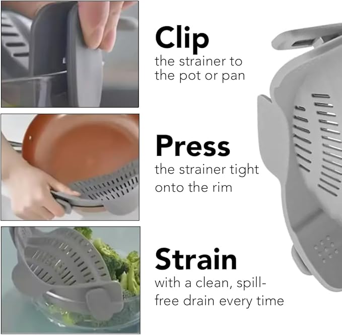 Clip‑On Pot Strainer Silicone Gray Dishwasher‑Safe Side‑Mount Design 9.4×4.6×2.5 Inches | Snap Drain Colander for Pans Bowls Skillets | Heat‑Resistant Kitchen Gadget Splash‑Guard