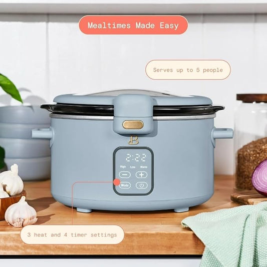 Beautiful by Drew 4.0-Quart Programmable Slow Cooker with Hinged Lid, Digital Timer, Keep Warm Function, Removable Stoneware Pot, Stainless-Steel Accents (Cornflower Blue)