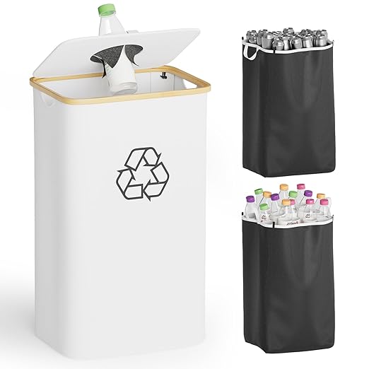 SpaceAid Recycling Bin for Kitchen 26 Gallon, 100L Recycle Bin with Lid and 2 Reusable Inner Bags, for Bottle Can Glass Plastic Stickers, White