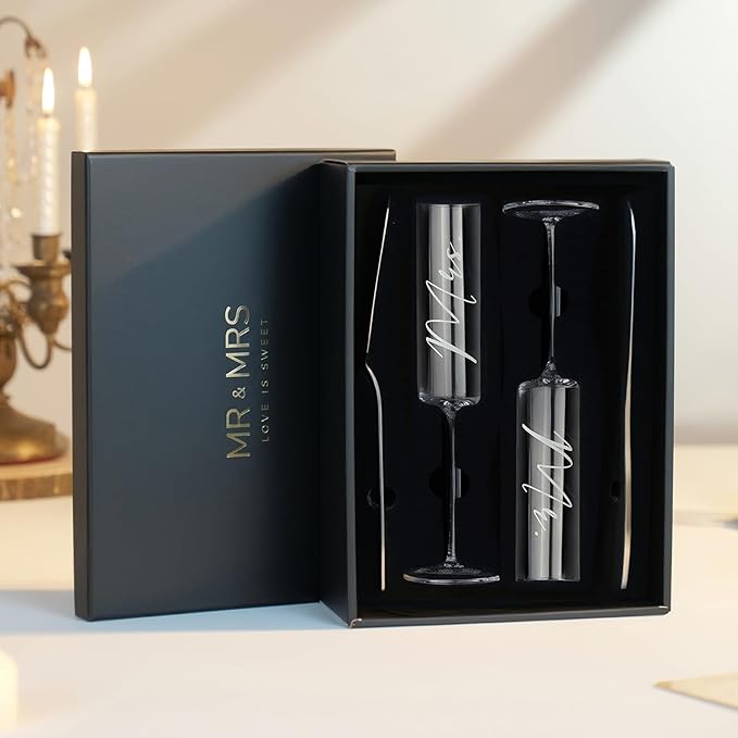 AW BRIDAL Engagement Bridal Shower Wedding Gifts for Newlywed Couples 2025, Anniversary Mr Mrs Champagne Flutes Toasting Glasses, Wedding Silver Cake Knife and Server Set with Gift Box for Bride Groom