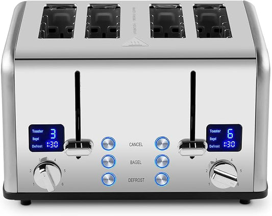 Stainless Steel Toaster, CUSIMAX 4 Slice Toaster with Smart LED Display, Exart Wide Slots, 6 Shade Settings, 1650 Watts, Bagel and Defrost Fuction, Cancel Button, Removable Crumb Trays