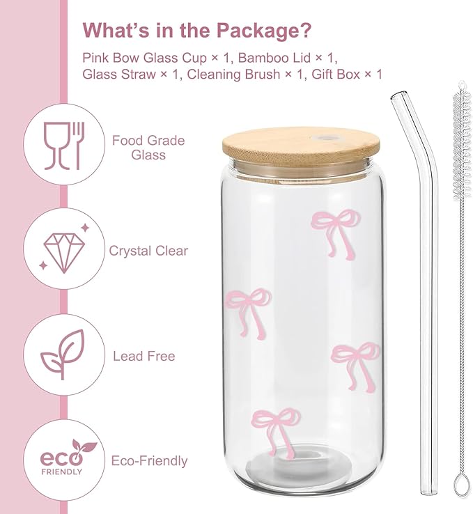 Coquette Aesthetic Glass Cups with Lids and Straws - Pink Bow Iced Coffee Cup Decor, Cute Tumbler Smoothie with Cleaning Brush&Gift Box, Gifts for Girls Women Friends, 16 oz