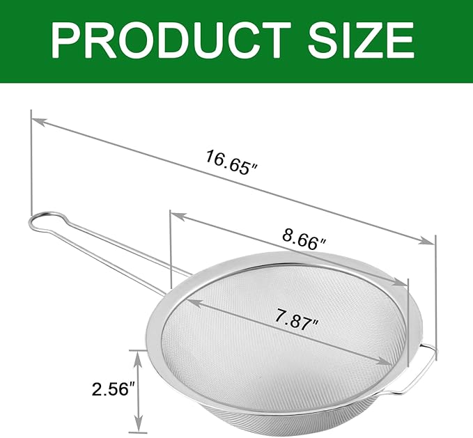 Large Fine Mesh Strainer with Sturdy Handle, 8.66” Stainless Steel Strainers, Bonus 20x20 Inch Reusable Cotton Cheese Cloths with 4 Hemmed Edges, Sieve Sifter for Straining, Cooking, Baking