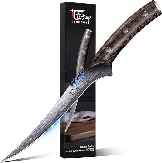 Fillet Knife, Razor Sharp 7.2 Inch Boning Knife, High Carbon Stainless Steel Filet Knives with High Flexibility, Wooden Handle, Full Tang Damascus Pattern Fishing Knives, Christmas Gift