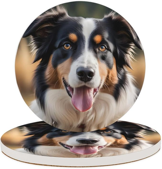 Border Collie Dog Round Coasters Set of 2, Absorbent Ceramic Coaster with Cork Base, Bar Coasters for Drinks Coffee Mugs Tea Cups Wine Glasses Home Decor Gifts (4 inches Diameter)