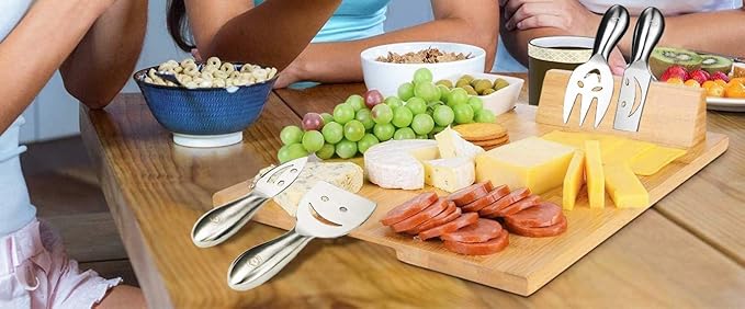 NEWLINE NY Stainless Steel 4 Pieces Smiling Faces Cheese Knife Set: Hard and Soft Cheese Knives, Serving Fork & Cheese Spreader